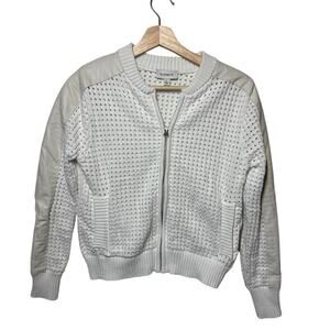 Evereve Harlow Open Stitch Bomber Jacket Sweater Faux Leather Panels White Sz S
